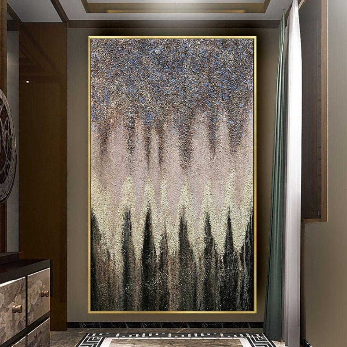 Room mockup. Dense dark grey upper texture tapers downward above a cream central band and black pointed forms rising from below.