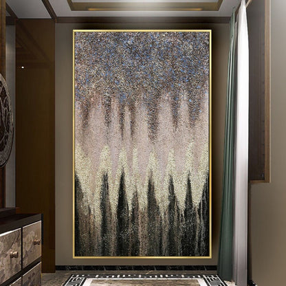 Room mockup. Dense dark grey upper texture tapers downward above a cream central band and black pointed forms rising from below.