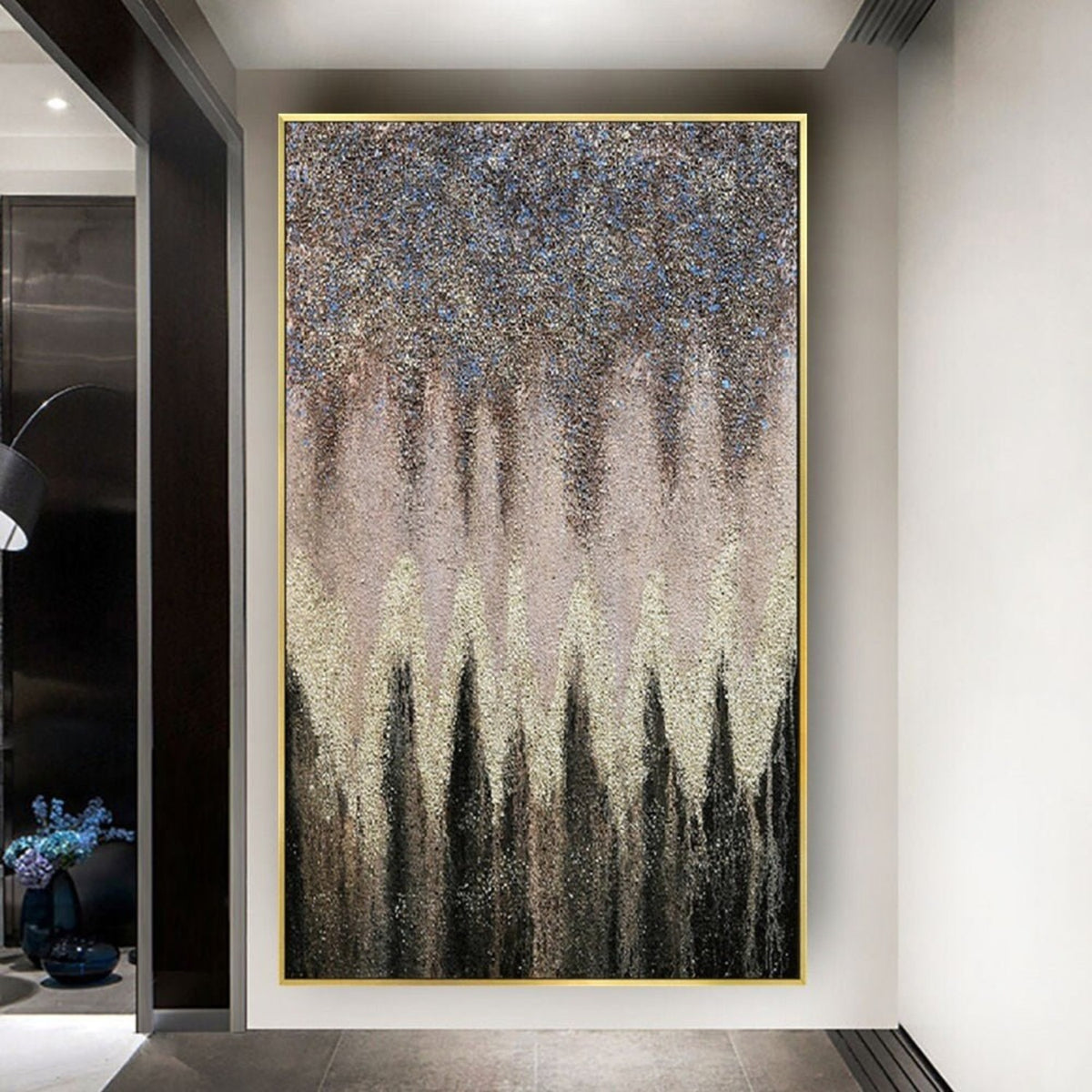 Room mockup. Dense dark grey upper texture tapers downward above a cream central band and black pointed forms rising from below.