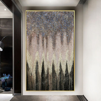 Room mockup. Dense dark grey upper texture tapers downward above a cream central band and black pointed forms rising from below.