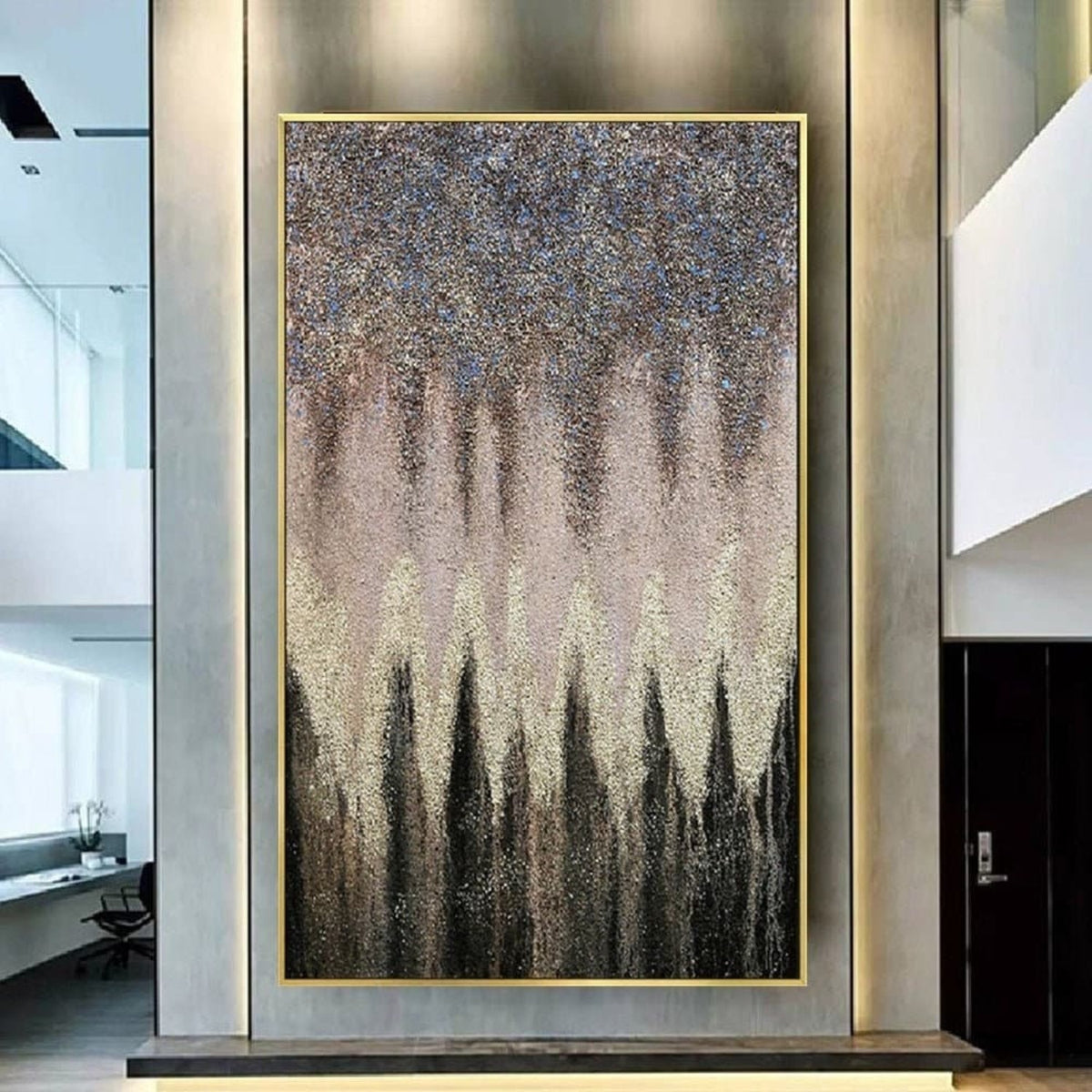 Room mockup. Dense dark grey upper texture tapers downward above a cream central band and black pointed forms rising from below.