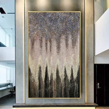 Room mockup. Dense dark grey upper texture tapers downward above a cream central band and black pointed forms rising from below.