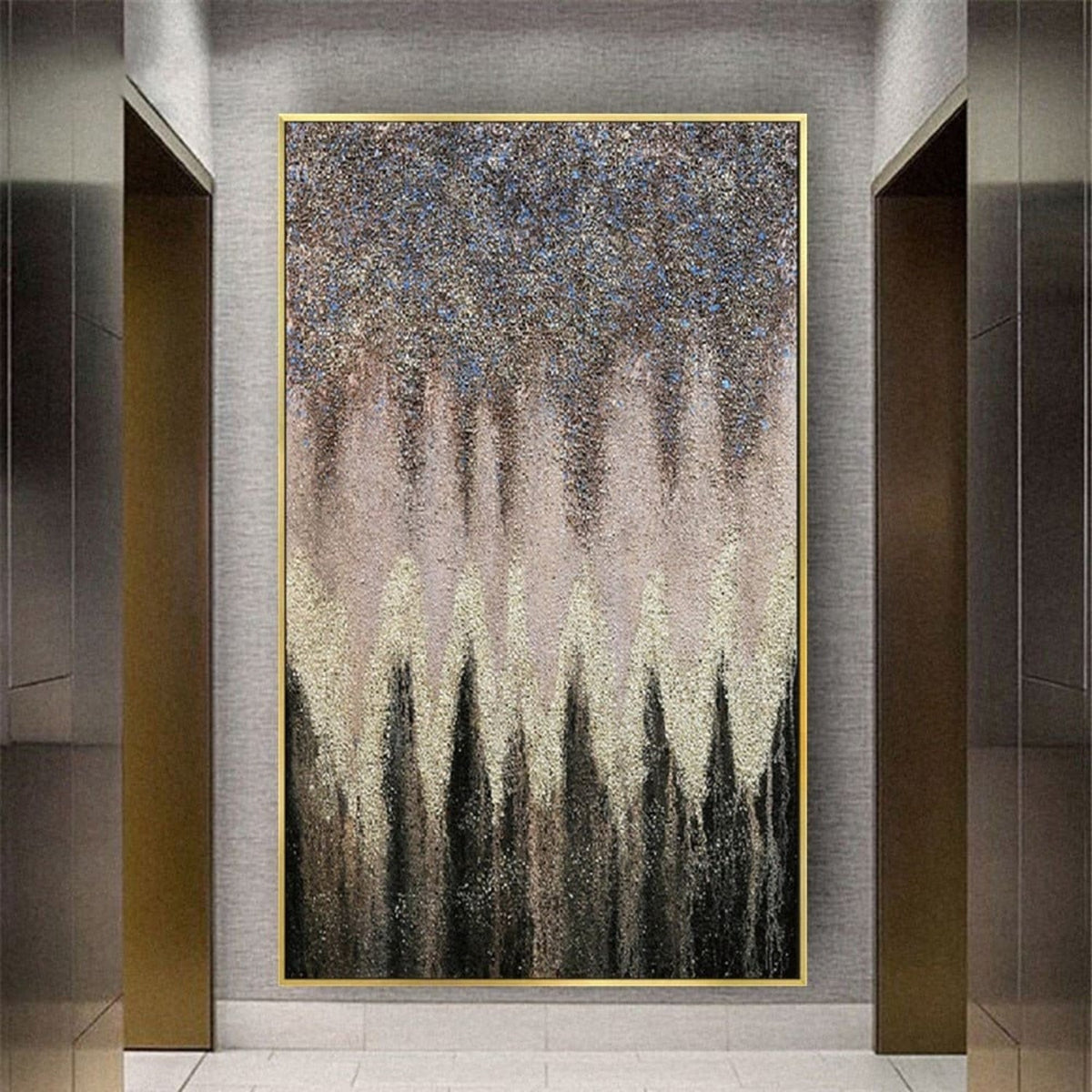 Room mockup. Dense dark grey upper texture tapers downward above a cream central band and black pointed forms rising from below.