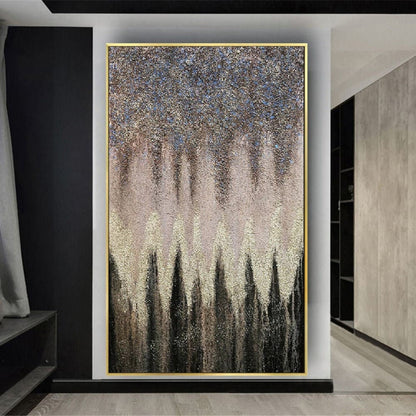 Room mockup. Dense dark grey upper texture tapers downward above a cream central band and black pointed forms rising from below.