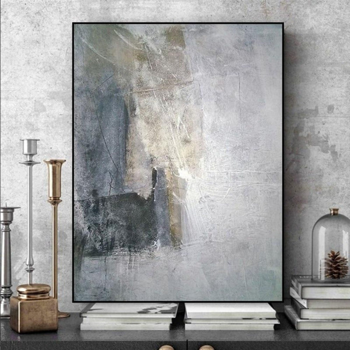 Room mockup. Soft grey and pale cream textured fields with darker vertical marks and a muted dark block near the lower left.