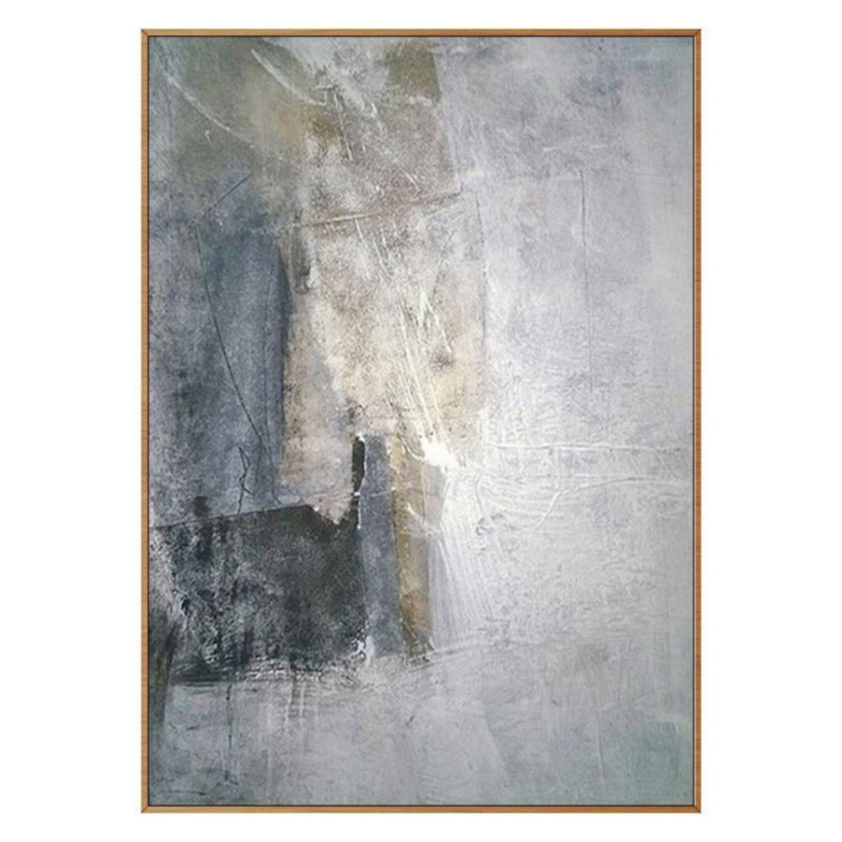 Soft grey and pale cream textured fields with darker vertical marks and a muted dark block near the lower left.