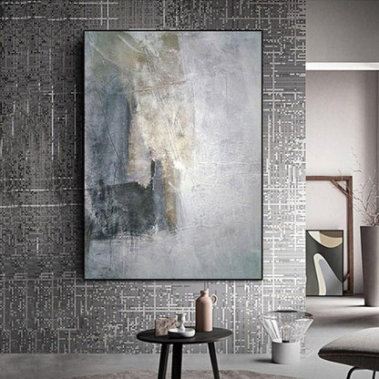 Room mockup. Soft grey and pale cream textured fields with darker vertical marks and a muted dark block near the lower left.