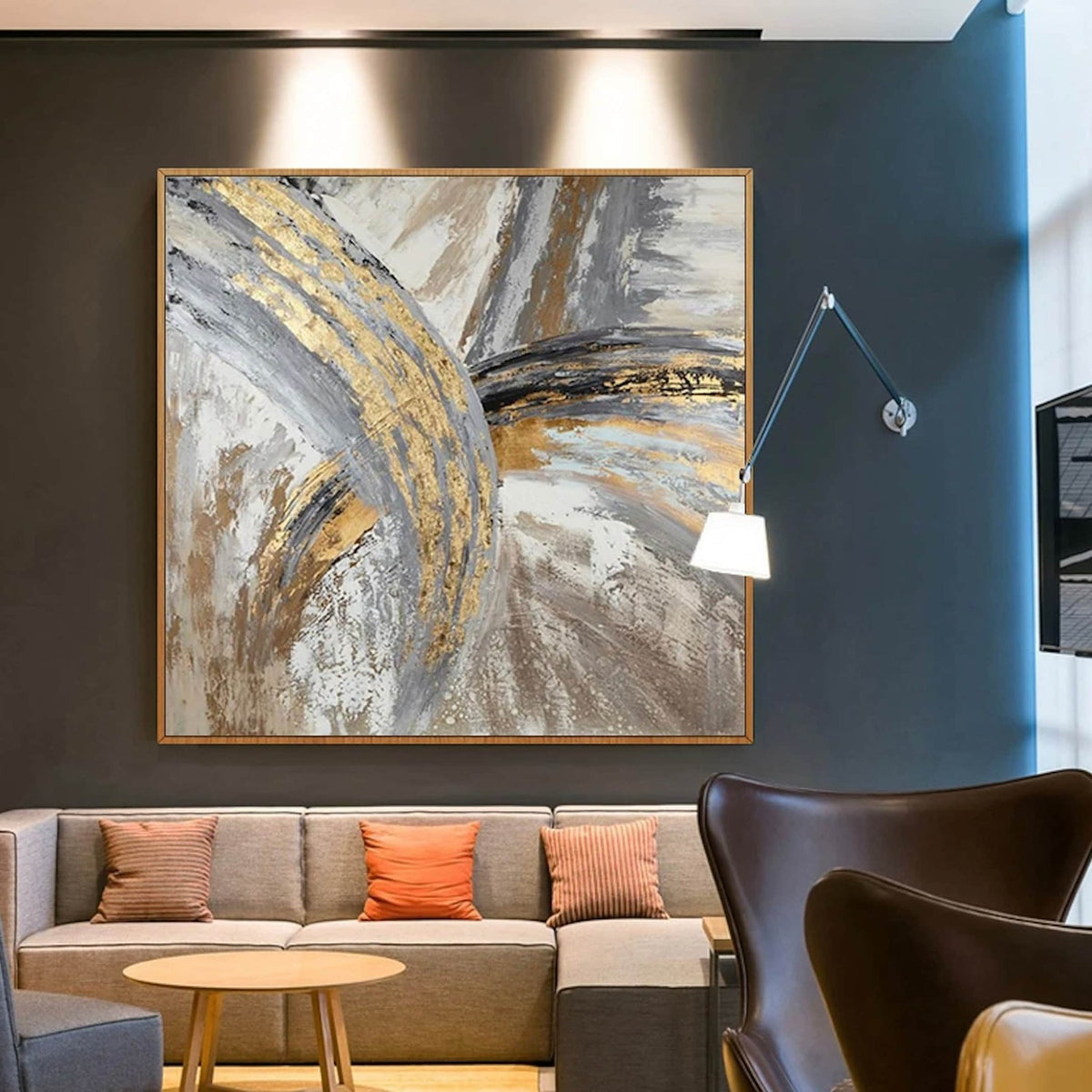 Room mockup. Broad grey and gold-coloured textured arcs cross cream, white and brown sweeping strokes.