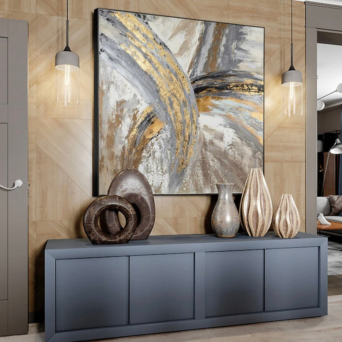 Room mockup. Broad grey and gold-coloured textured arcs cross cream, white and brown sweeping strokes.