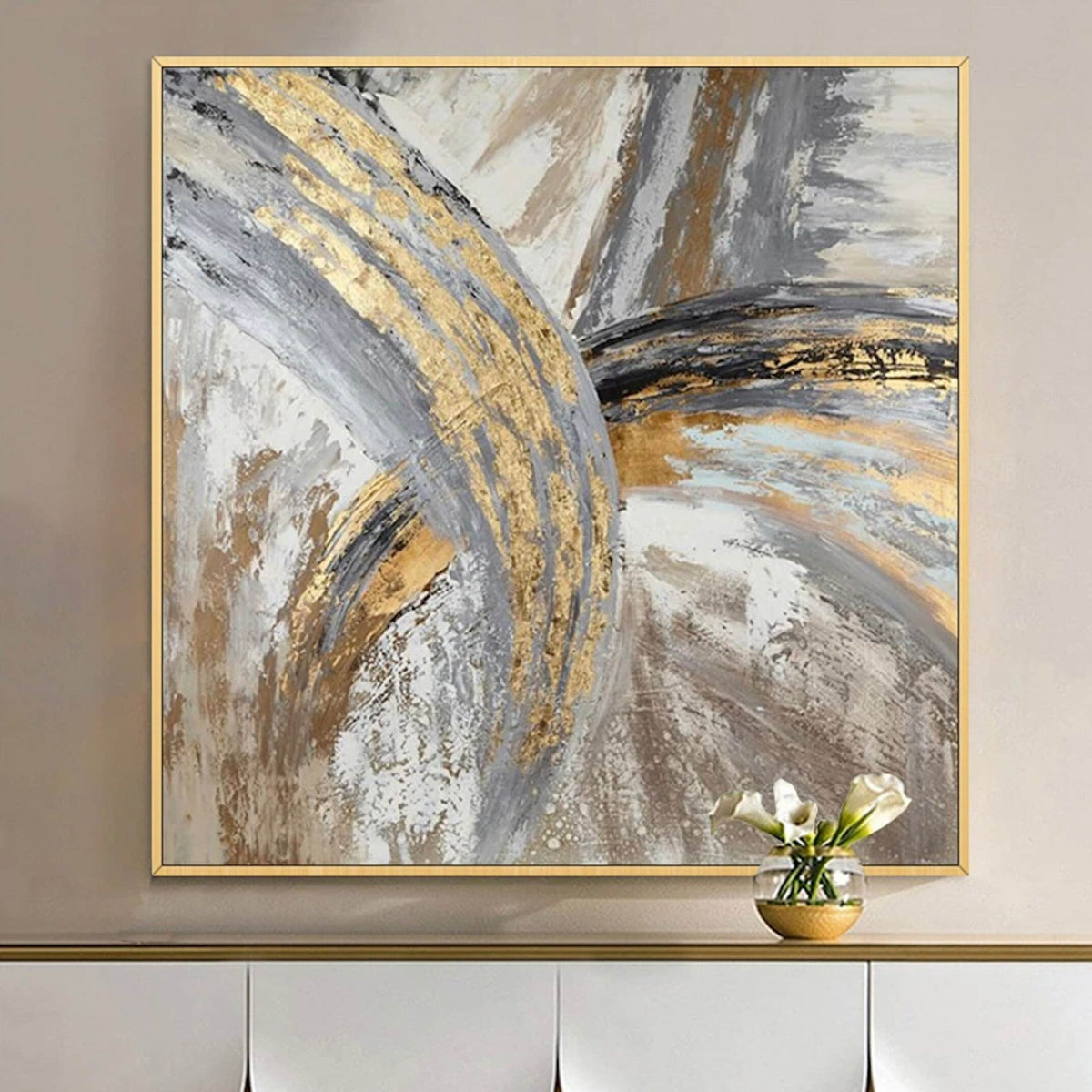 Room mockup. Broad grey and gold-coloured textured arcs cross cream, white and brown sweeping strokes.