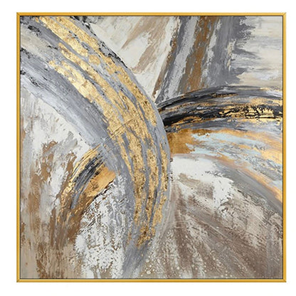 Broad grey and gold-coloured textured arcs cross cream, white and brown sweeping strokes.