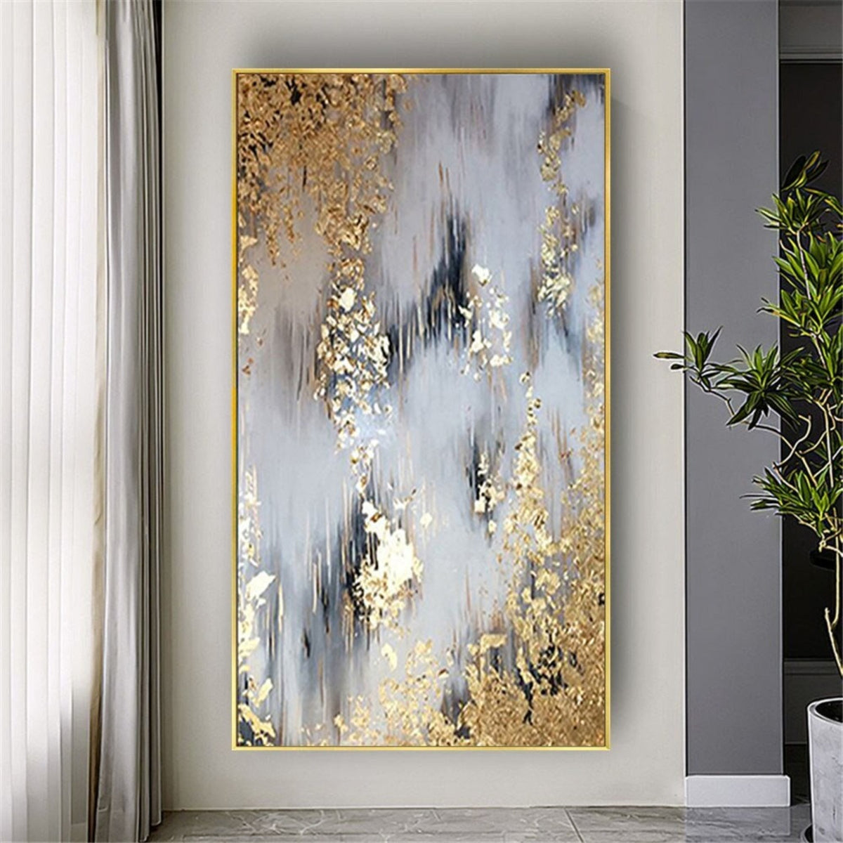 Room mockup. Soft grey and white vertical strokes with narrow black accents and dense gold-coloured textured patches near opposing edges.
