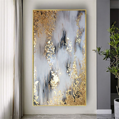 Room mockup. Soft grey and white vertical strokes with narrow black accents and dense gold-coloured textured patches near opposing edges.