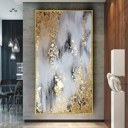 Room mockup. Soft grey and white vertical strokes with narrow black accents and dense gold-coloured textured patches near opposing edges.