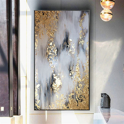 Room mockup. Soft grey and white vertical strokes with narrow black accents and dense gold-coloured textured patches near opposing edges.