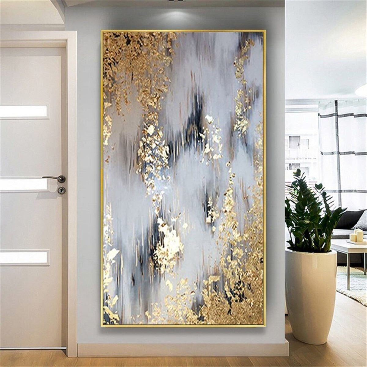 Room mockup. Soft grey and white vertical strokes with narrow black accents and dense gold-coloured textured patches near opposing edges.