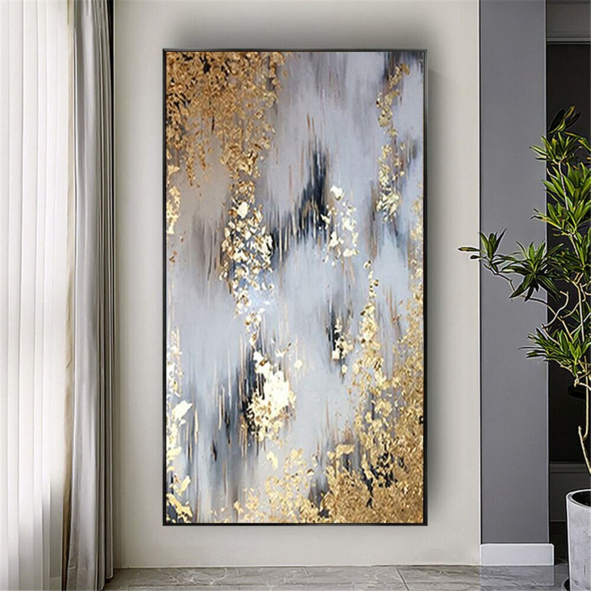 Room mockup. Soft grey and white vertical strokes with narrow black accents and dense gold-coloured textured patches near opposing edges.