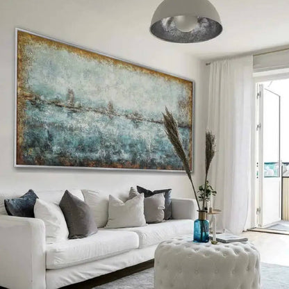 Room mockup. A thin broken dark horizon separates mottled pale grey and muted teal fields with warm brown edges.