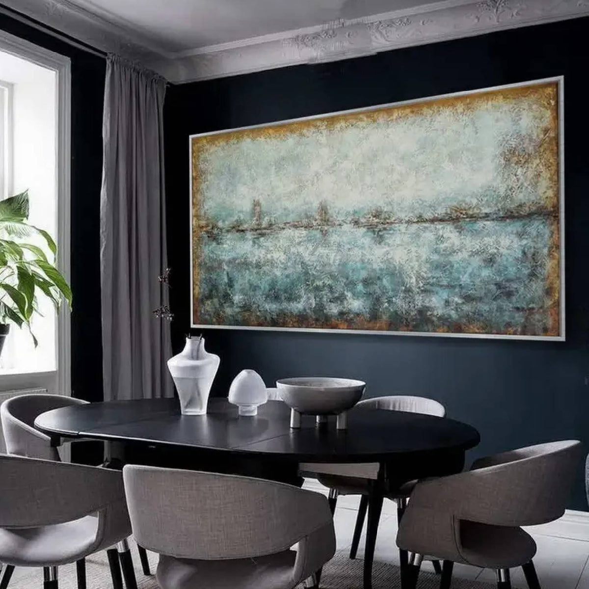 Room mockup. A thin broken dark horizon separates mottled pale grey and muted teal fields with warm brown edges.