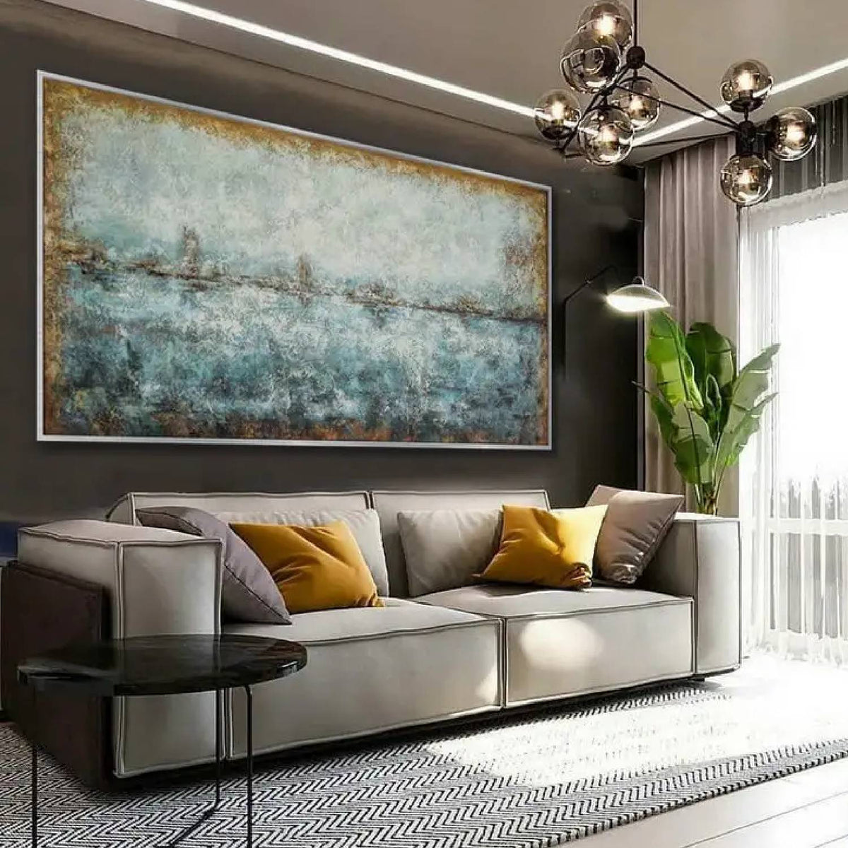 Room mockup. A thin broken dark horizon separates mottled pale grey and muted teal fields with warm brown edges.