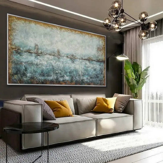 Room mockup. A thin broken dark horizon separates mottled pale grey and muted teal fields with warm brown edges.