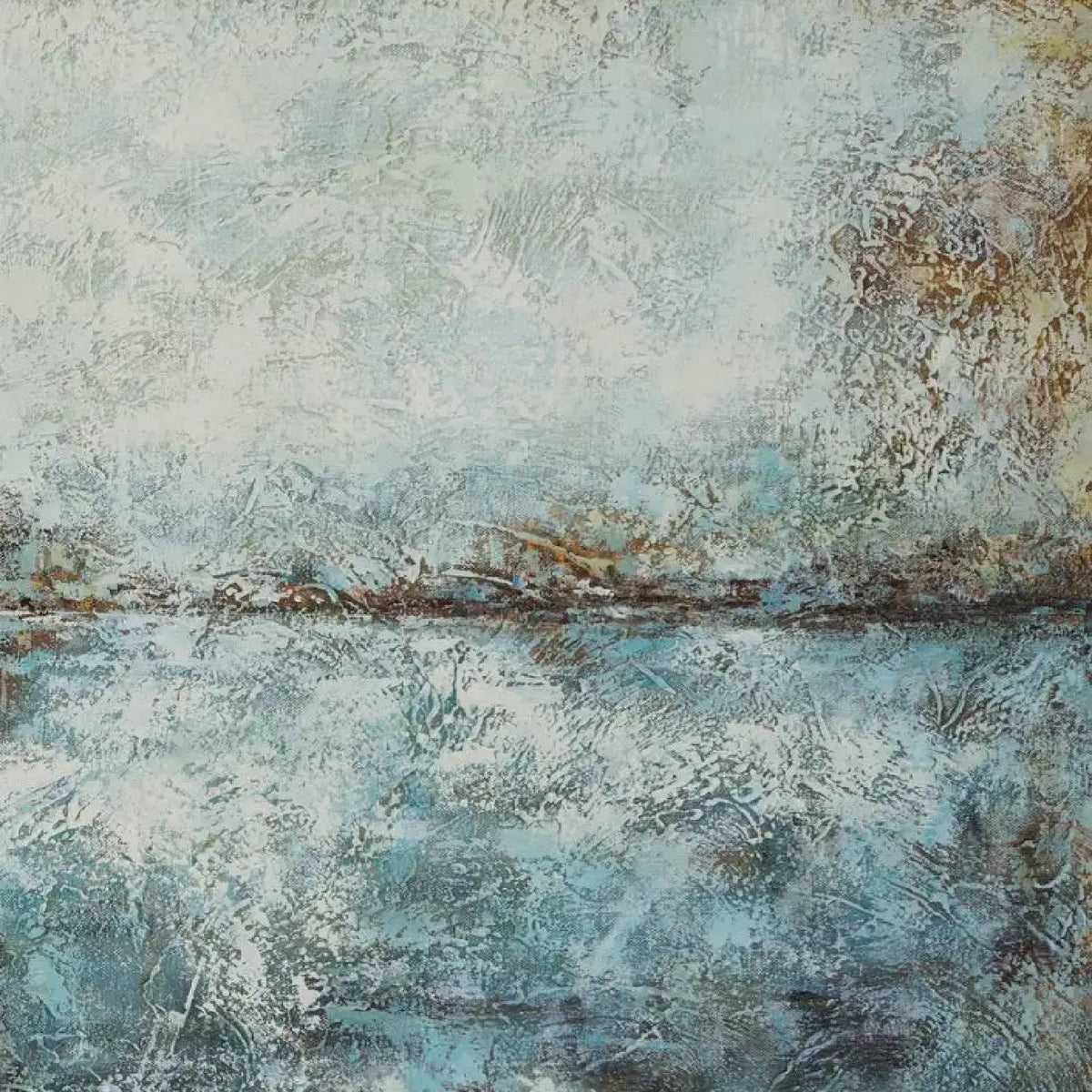 Close-up. A thin broken dark horizon separates mottled pale grey and muted teal fields with warm brown edges.