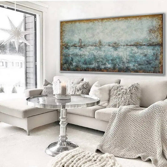 Room mockup. A thin broken dark horizon separates mottled pale grey and muted teal fields with warm brown edges.