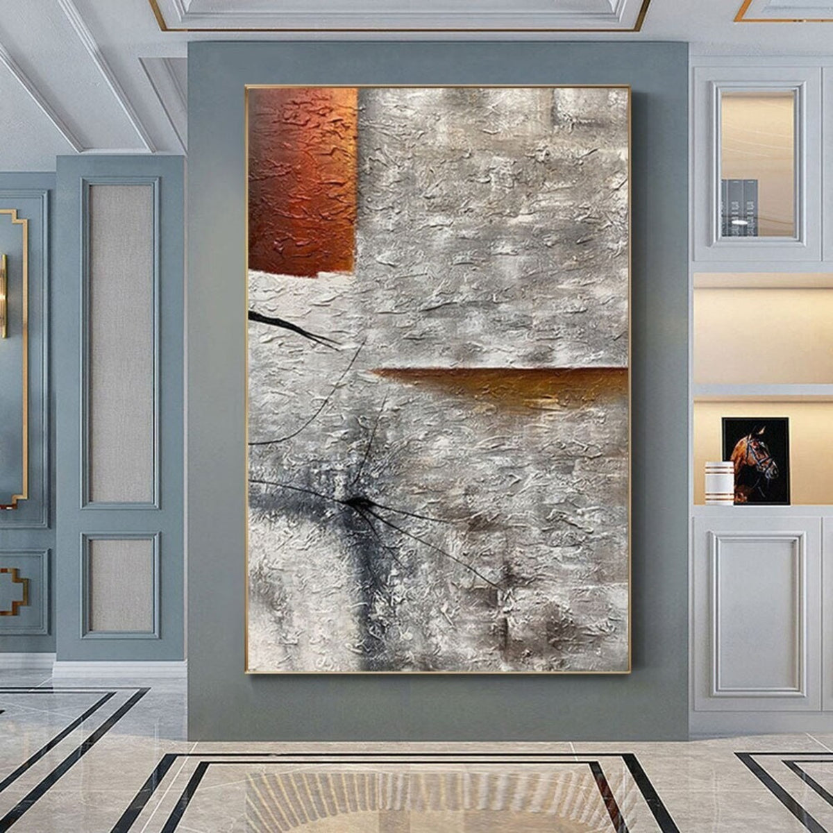 Room mockup. Rough grey and white texture with black scratched marks, a rust-orange upper block and a narrow orange horizontal strip.