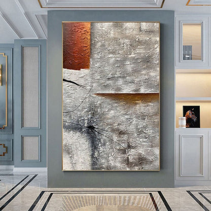 Room mockup. Rough grey and white texture with black scratched marks, a rust-orange upper block and a narrow orange horizontal strip.