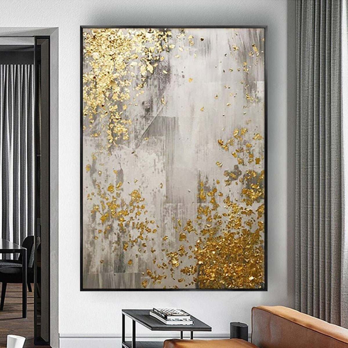 Room mockup. Grey and white scraped vertical textures with scattered gold-coloured patches concentrated at opposing corners.