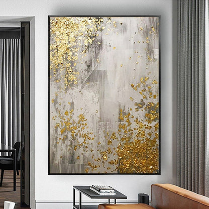 Room mockup. Grey and white scraped vertical textures with scattered gold-coloured patches concentrated at opposing corners.