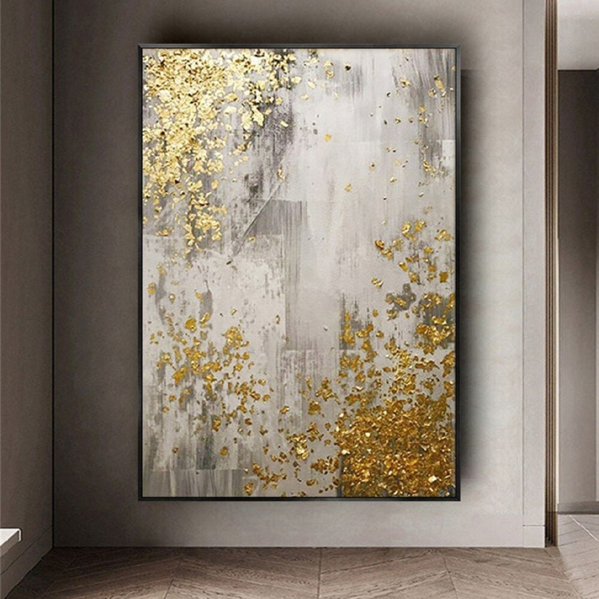 Room mockup. Grey and white scraped vertical textures with scattered gold-coloured patches concentrated at opposing corners.