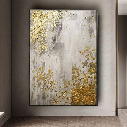 Room mockup. Grey and white scraped vertical textures with scattered gold-coloured patches concentrated at opposing corners.