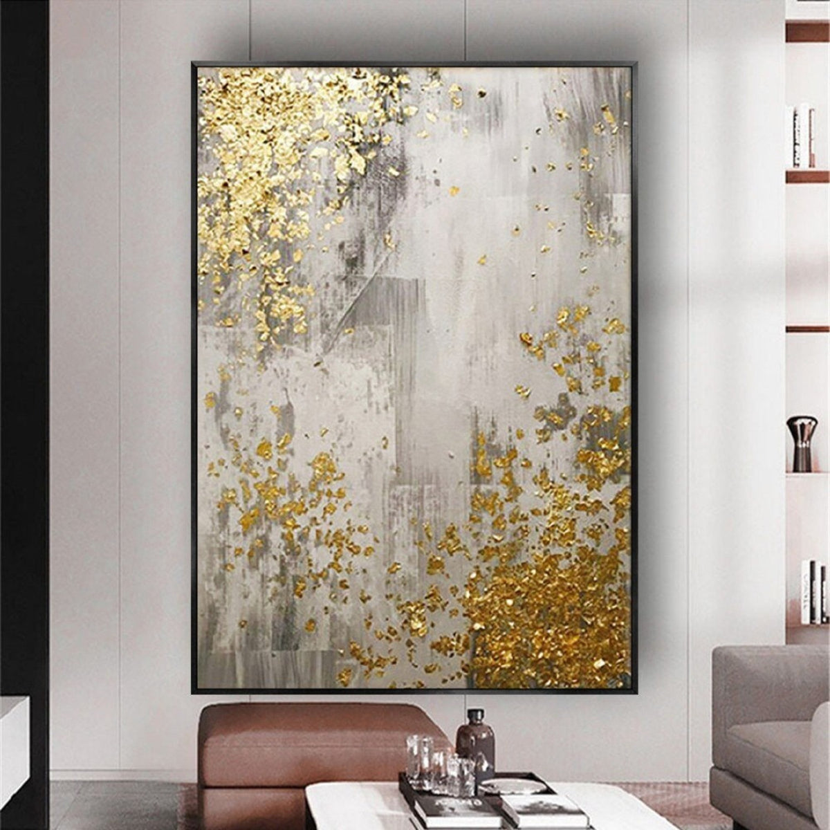 Room mockup. Grey and white scraped vertical textures with scattered gold-coloured patches concentrated at opposing corners.