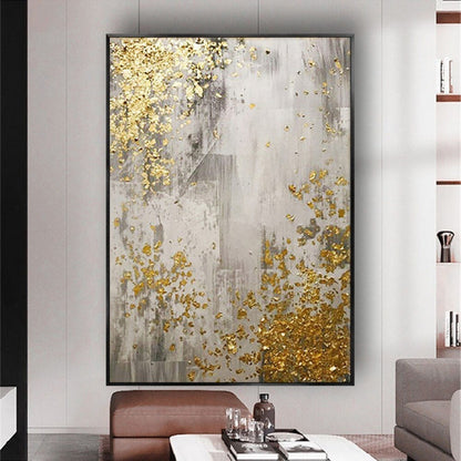 Room mockup. Grey and white scraped vertical textures with scattered gold-coloured patches concentrated at opposing corners.