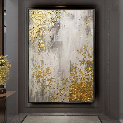 Room mockup. Grey and white scraped vertical textures with scattered gold-coloured patches concentrated at opposing corners.