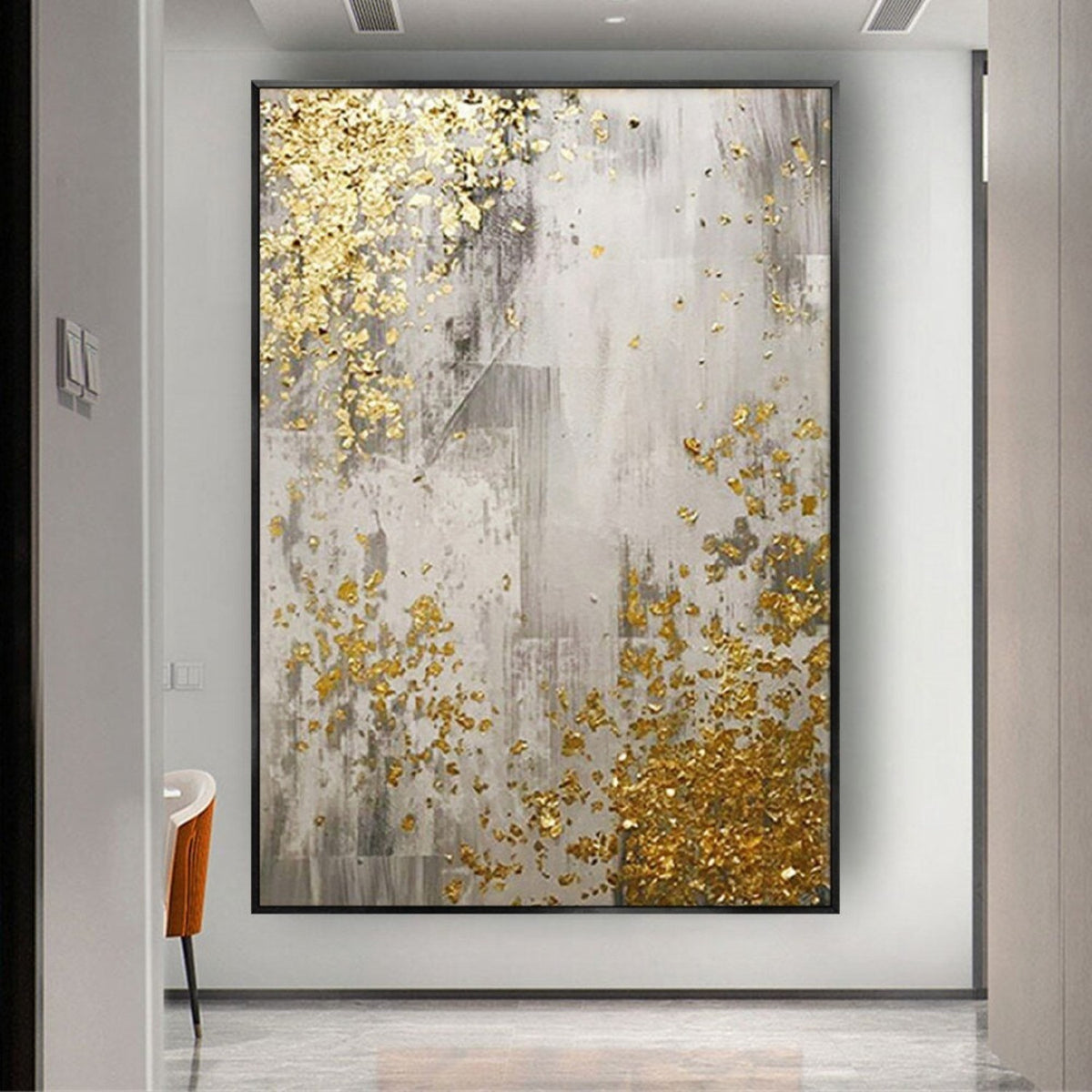 Room mockup. Grey and white scraped vertical textures with scattered gold-coloured patches concentrated at opposing corners.