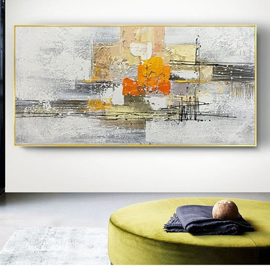 Room mockup. Abstract artwork with grey and white rectangular fields, fine black lines and a bright orange central patch.