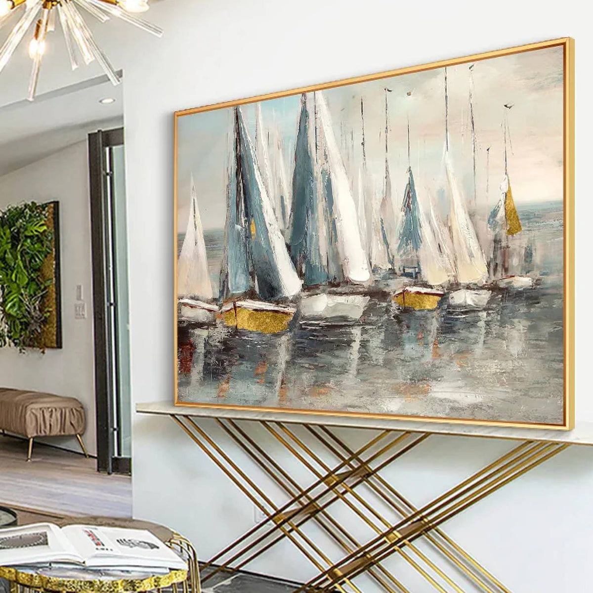 Room mockup. White and blue-grey sails above small yellow and dark hulls reflected on calm grey water beneath a pale sky.
