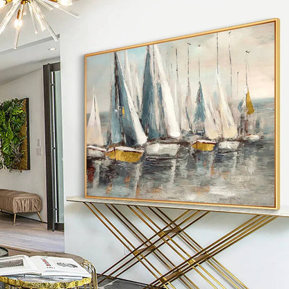 Room mockup. White and blue-grey sails above small yellow and dark hulls reflected on calm grey water beneath a pale sky.