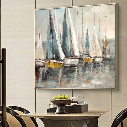 Room mockup. White and blue-grey sails above small yellow and dark hulls reflected on calm grey water beneath a pale sky.