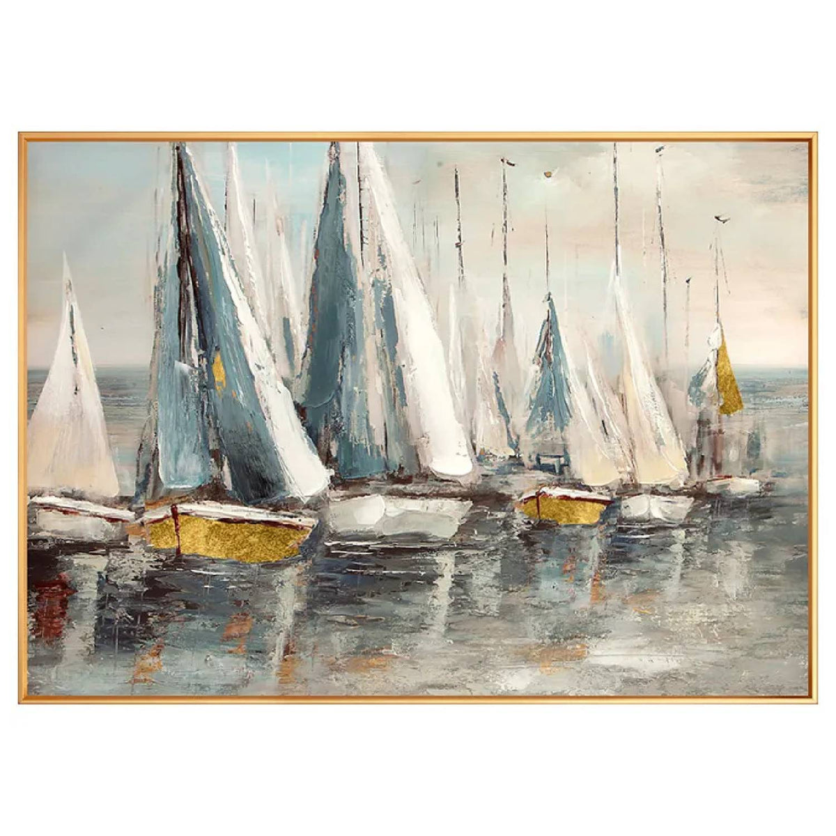 White and blue-grey sails above small yellow and dark hulls reflected on calm grey water beneath a pale sky.