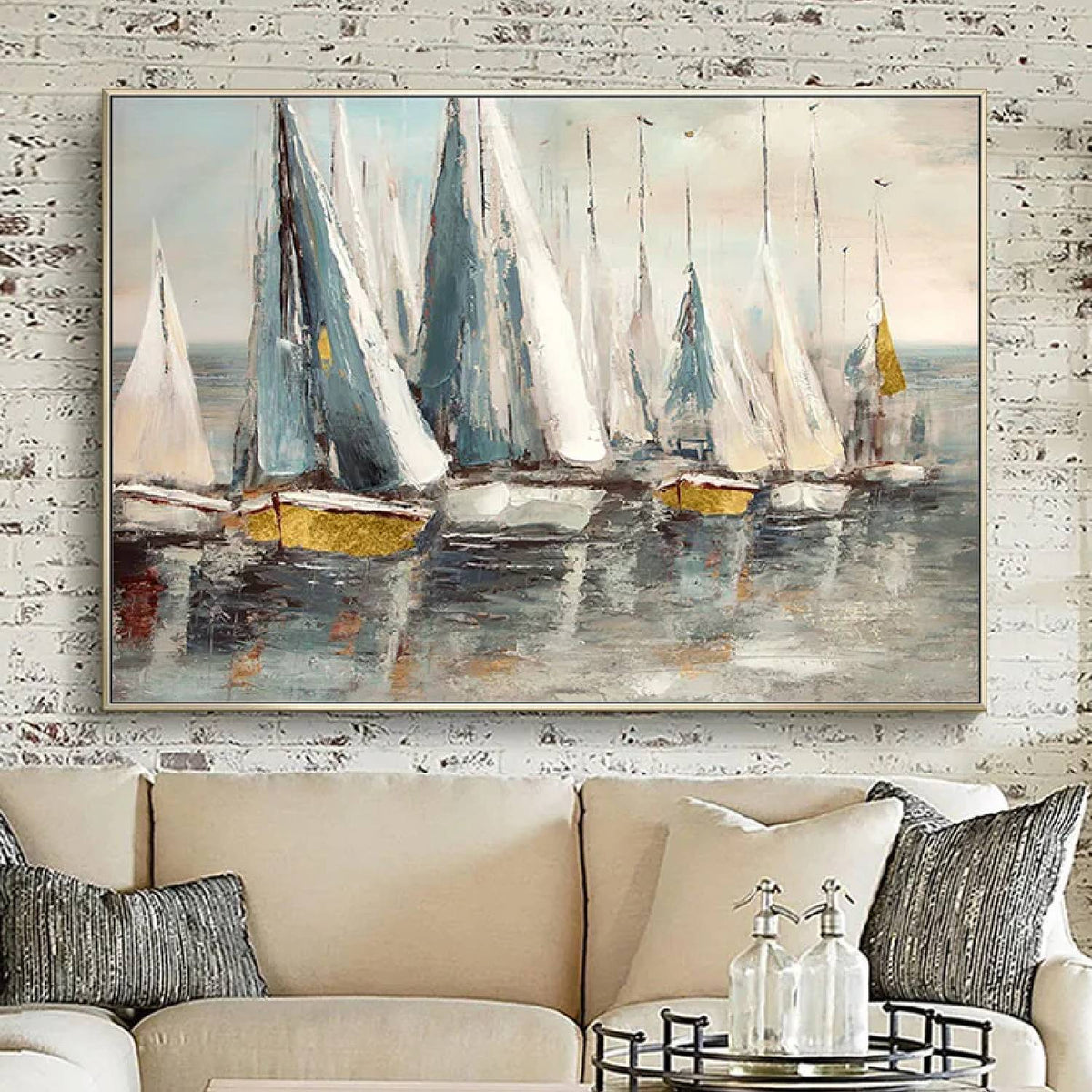 Room mockup. White and blue-grey sails above small yellow and dark hulls reflected on calm grey water beneath a pale sky.