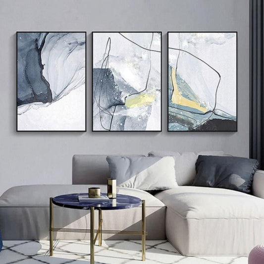Room mockup. Three complementary grey and white abstract panels with thin black angular lines and small pale yellow accents.