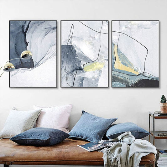 Room mockup. Three complementary grey and white abstract panels with thin black angular lines and small pale yellow accents.