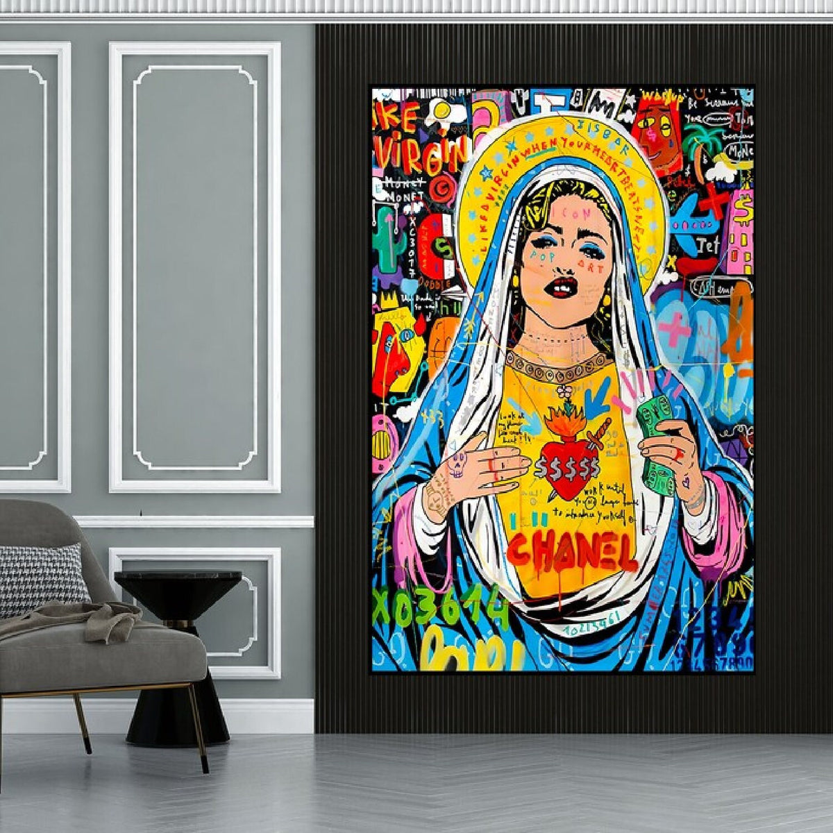 Room mockup. A haloed woman with a blue and pink veil and bright yellow chest panel amid colourful graffiti lettering.