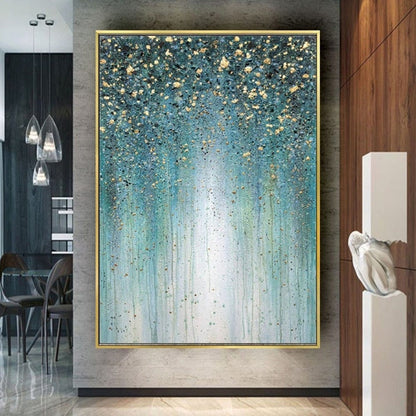 Modern Gold Blue Textured Hand Painted Drip Art