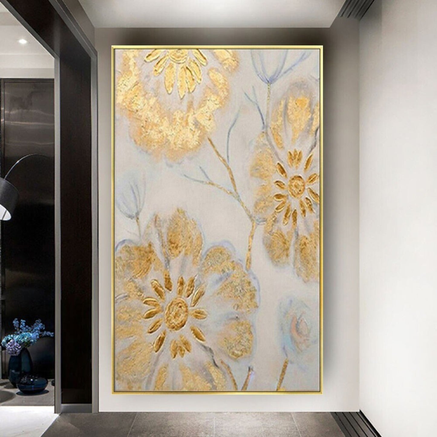 Elegant Gold Flowers 100% Hand Painted Wall Art