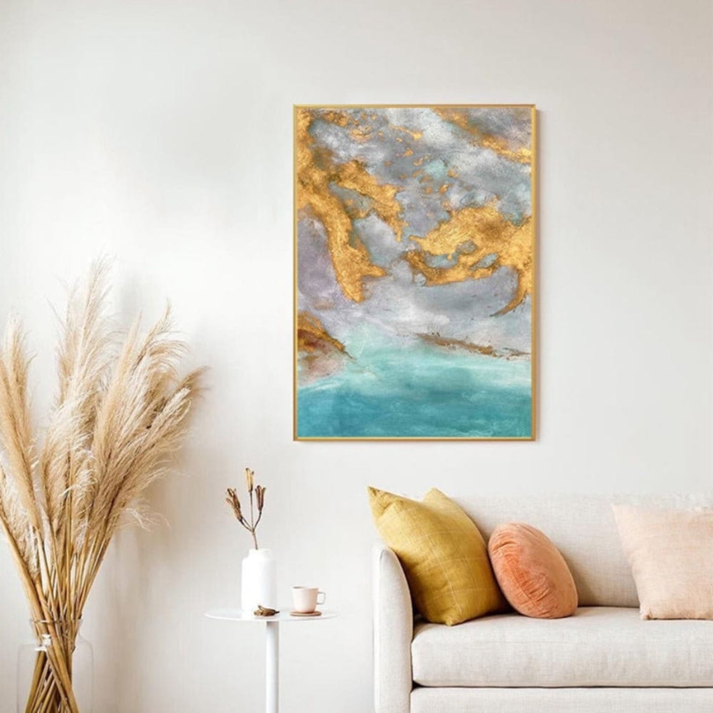 Light Blue and Gold Abstract Ocean Oil Painting