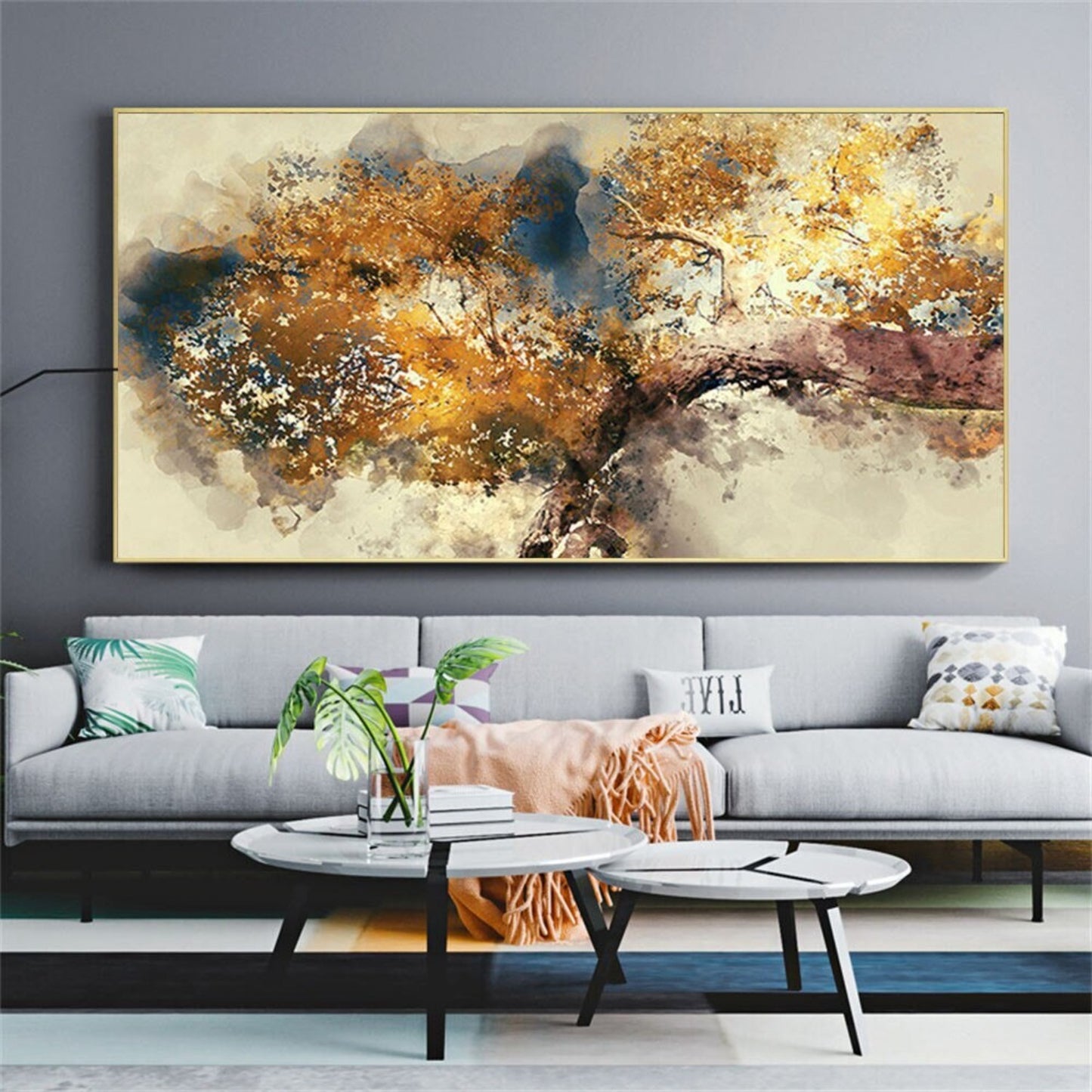 Large Abstract Gold Brown Tree Branch Oil Painting